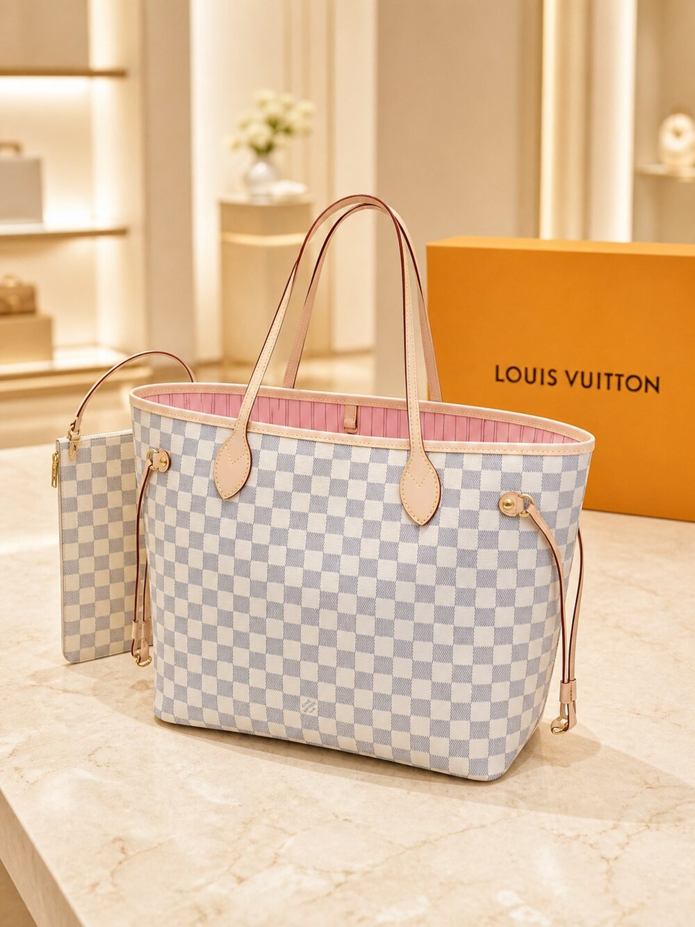 Louis Vuitton Damier Azur Carryall Tote | Neverfull Pink
